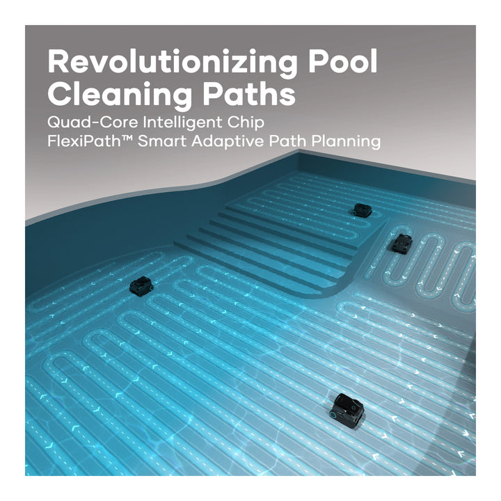 Illustration of four black Aiper Scuba X1 Pro Max robotic pool cleaners tracing overlapping cleaning paths on a pool floor
