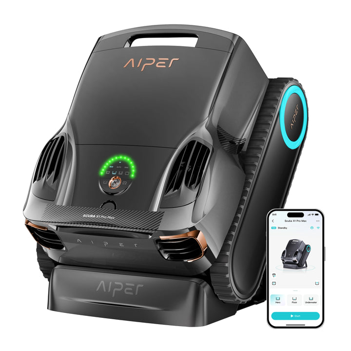 Aiper Scuba X1 Pro Max robotic pool cleaner in gray on charging dock, with app control screen shown on smartphone.