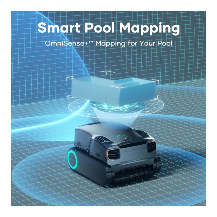 Aiper Scuba X1 Pro Max robotic pool cleaner with teal LED rings and a digital grid overlay mapping the pool.