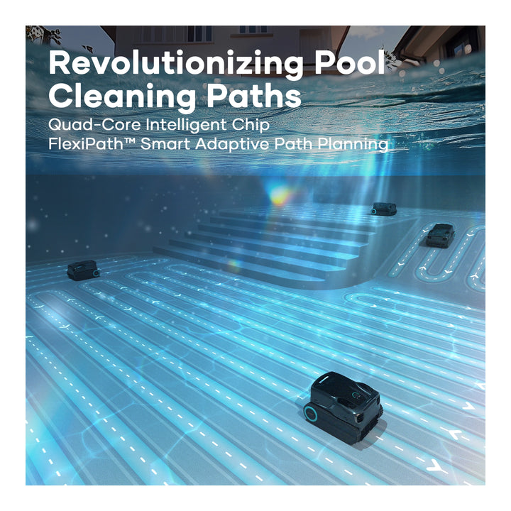 Aiper Scuba X1 Pro Max cordless robotic pool cleaner shown on submerged pool floor near steps, with mapped cleaning path overlay.
