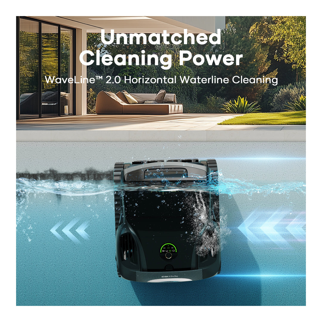 Aiper Scuba X1 Pro Max robotic pool cleaner, black, partially submerged at pool waterline with water splashing.
