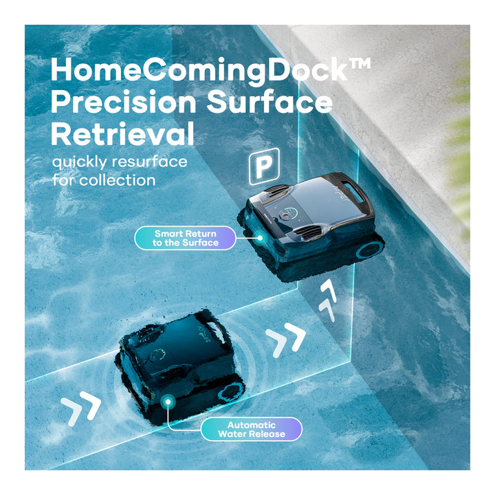 Aiper Scuba X1 Pro Max robotic pool cleaner shown submerged and surfacing with HomeComingDock graphic overlay