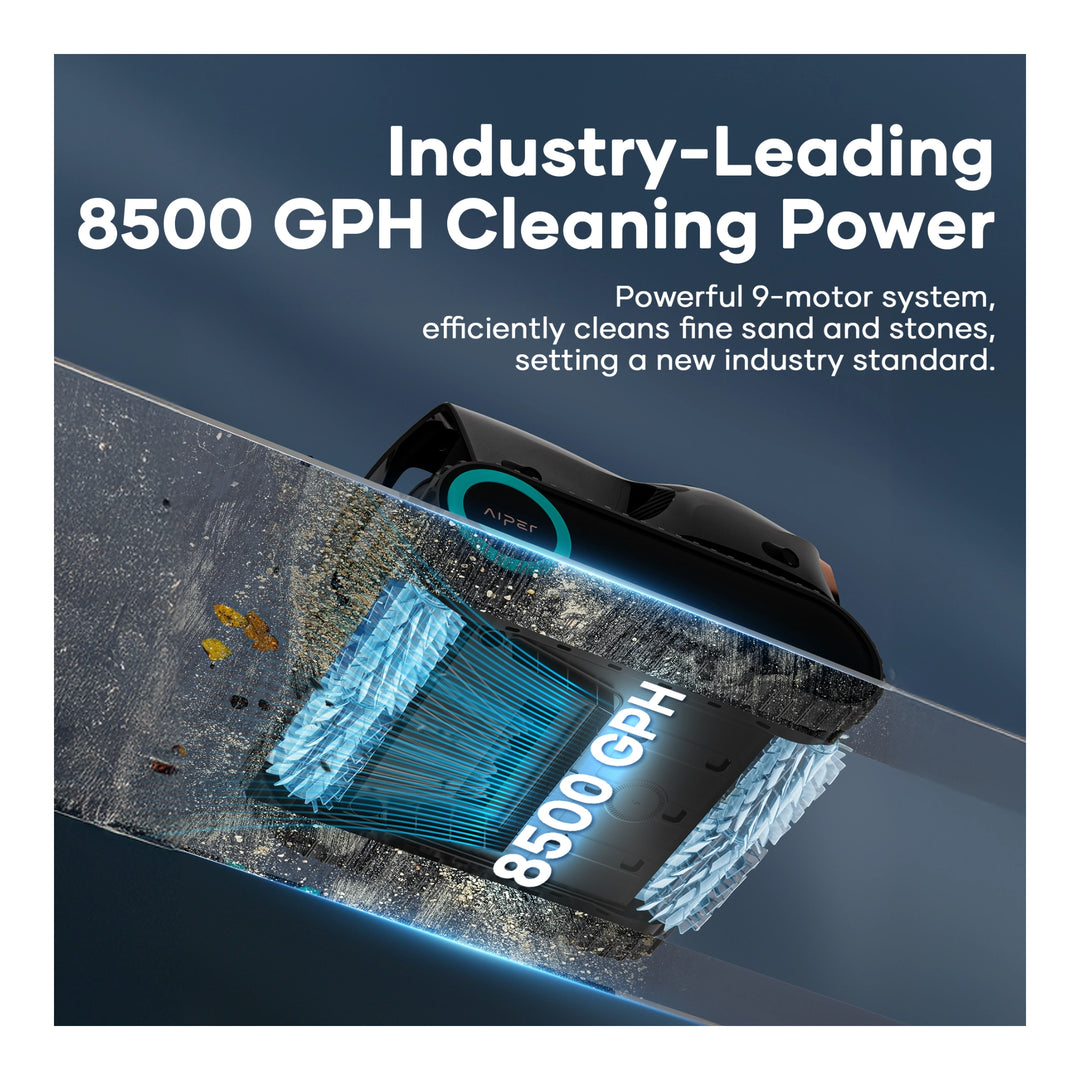 Aiper Scuba X1 Pro Max robotic pool cleaner with dual blue brush rollers gliding over debris on a pool floor