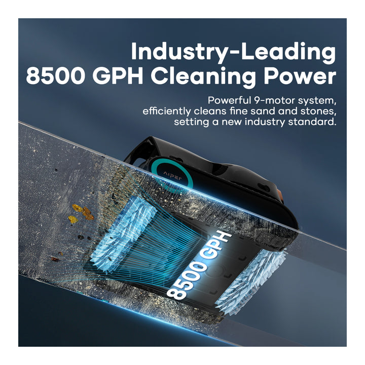 Aiper Scuba X1 Pro Max robotic pool cleaner with dual blue brush rollers gliding over debris on a pool floor