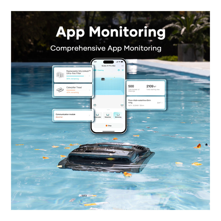 Aiper Scuba X1 Pro Max robotic pool cleaner floating in a pool beside a phone screen showing app monitoring data.