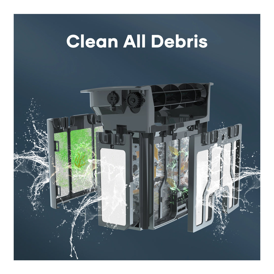 Cutaway view of Aiper Scuba X1 Pro Max robotic pool cleaner showing dual filter panels with debris and water splashes.
