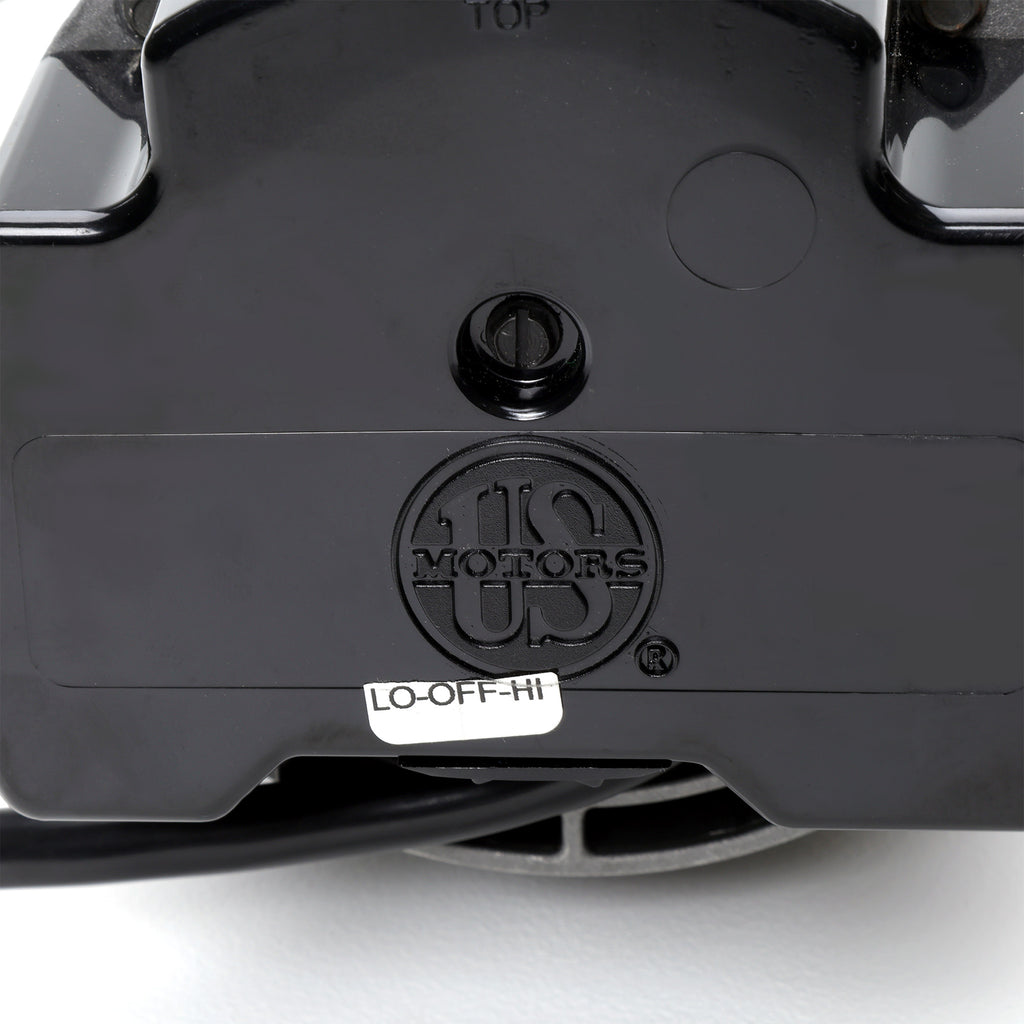 close-up of black Waterway 2 HP Hi-Flo 2 dual-speed above ground pump motor casing with embossed US motors logo and low-off-high speed selector sticker