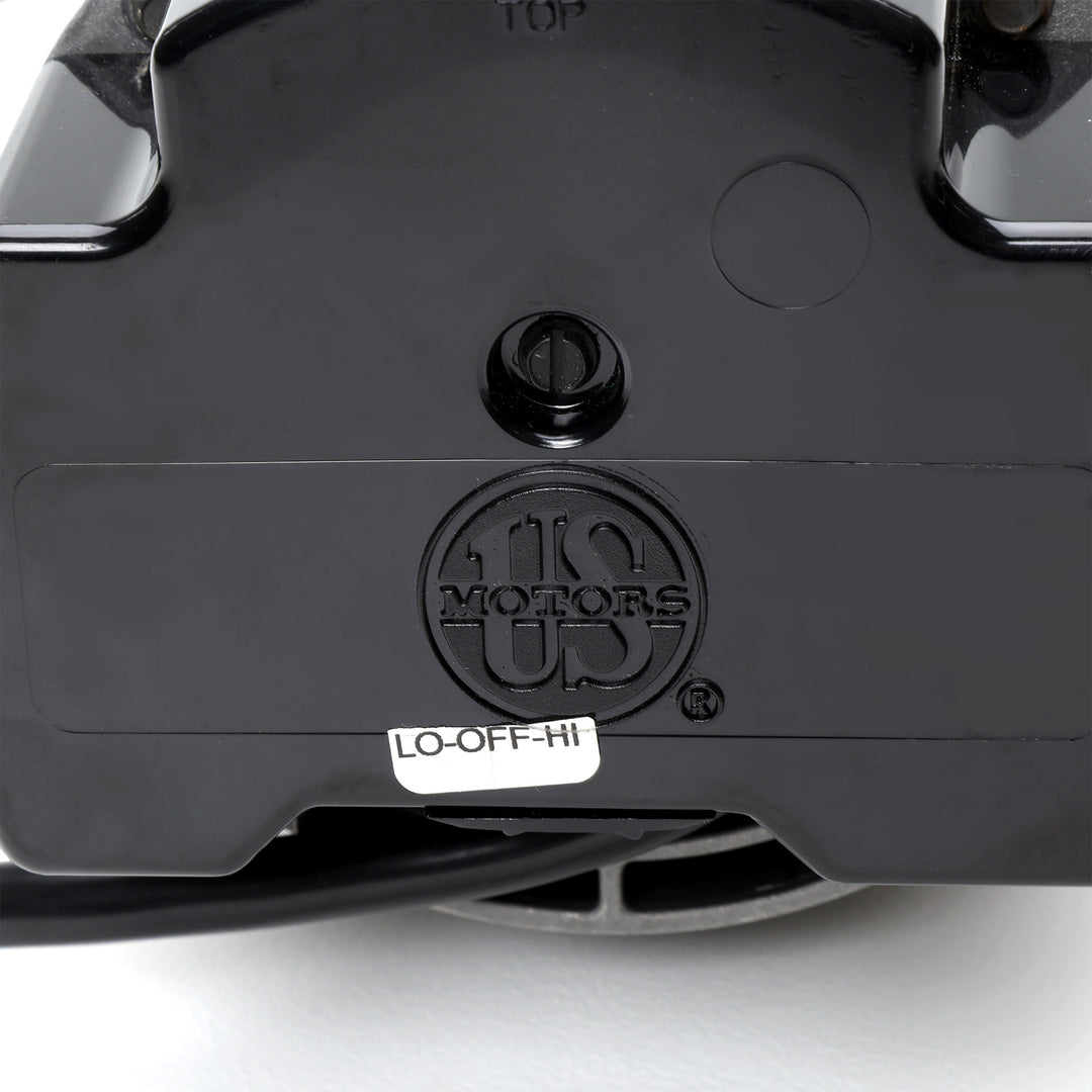 close-up of black Waterway 2 HP Hi-Flo 2 dual-speed above ground pump motor casing with embossed US motors logo and low-off-high speed selector sticker