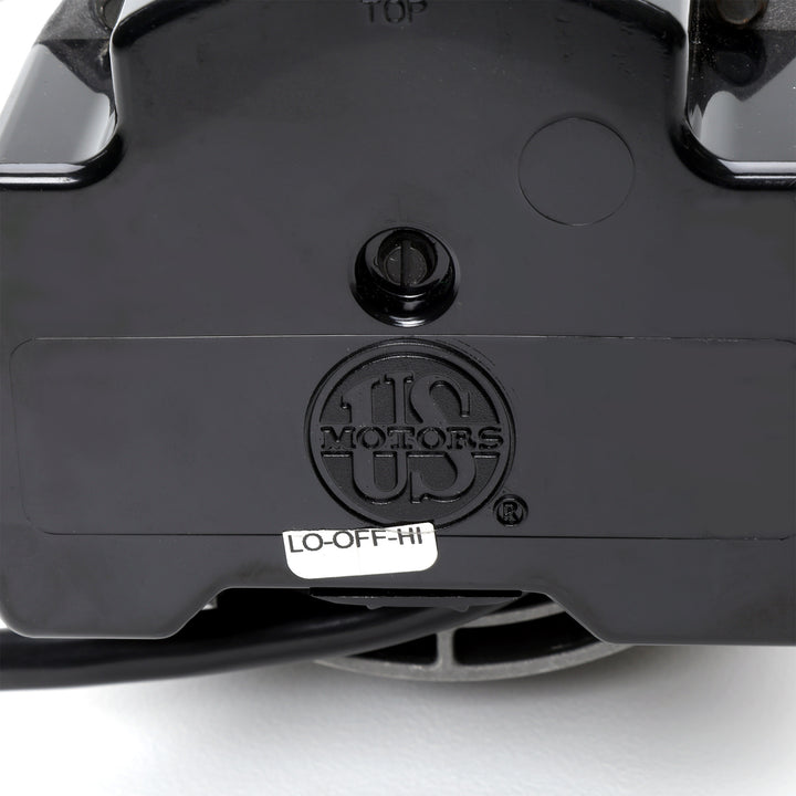close-up of black Waterway 2 HP Hi-Flo 2 dual-speed above ground pump motor casing with embossed US motors logo and low-off-high speed selector sticker