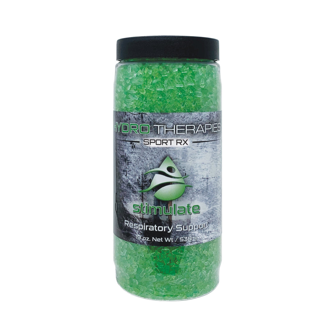 HydroTherapies Sport Rx Crystals 19oz in clear plastic jar with green bath crystals and black lid labeled for respiratory support
