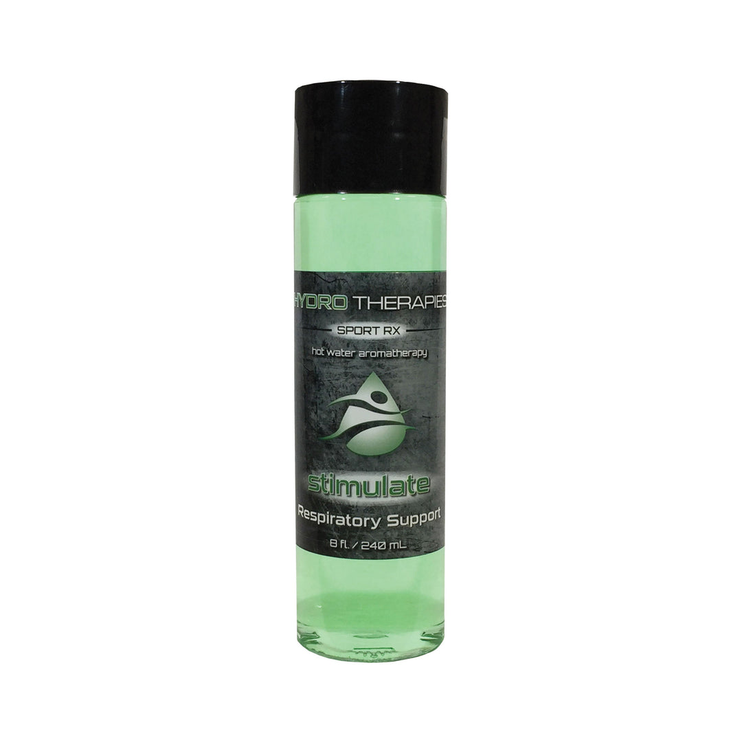 HydroTherapies 8oz Sport Rx Liquids bottle with green liquid and black cap labeled stimulate respiratory support