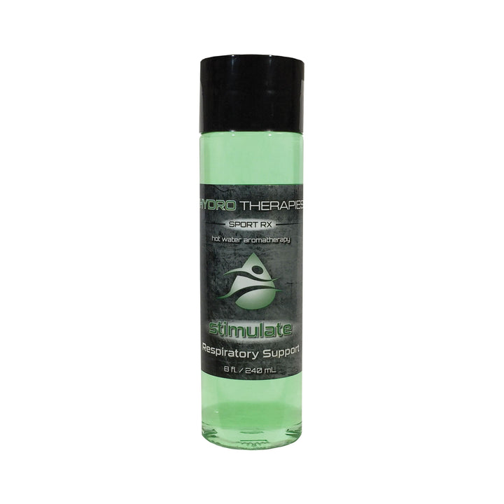 HydroTherapies 8oz Sport Rx Liquids bottle with green liquid and black cap labeled stimulate respiratory support