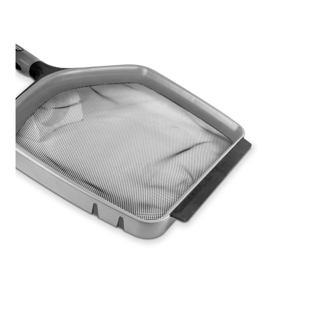 close-up view of a wide mouth pool skimmer with fine mesh net and soft scoop edge in gray and black colors