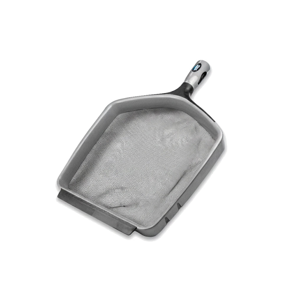 gray pool skimmer with a heavy-duty metal mesh net and a soft scoop edge, featuring a black and silver handle