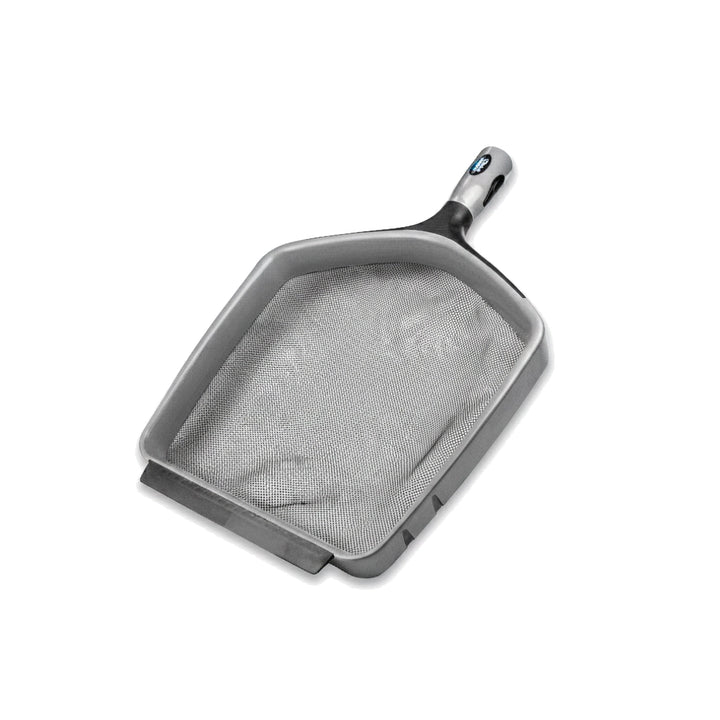 gray pool skimmer with a heavy-duty metal mesh net and a soft scoop edge, featuring a black and silver handle