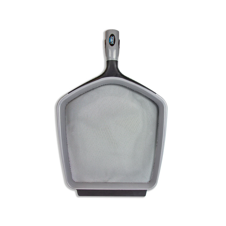 wide mouth pool skimmer with a black and gray soft scoop edge and fine mesh net for debris collection