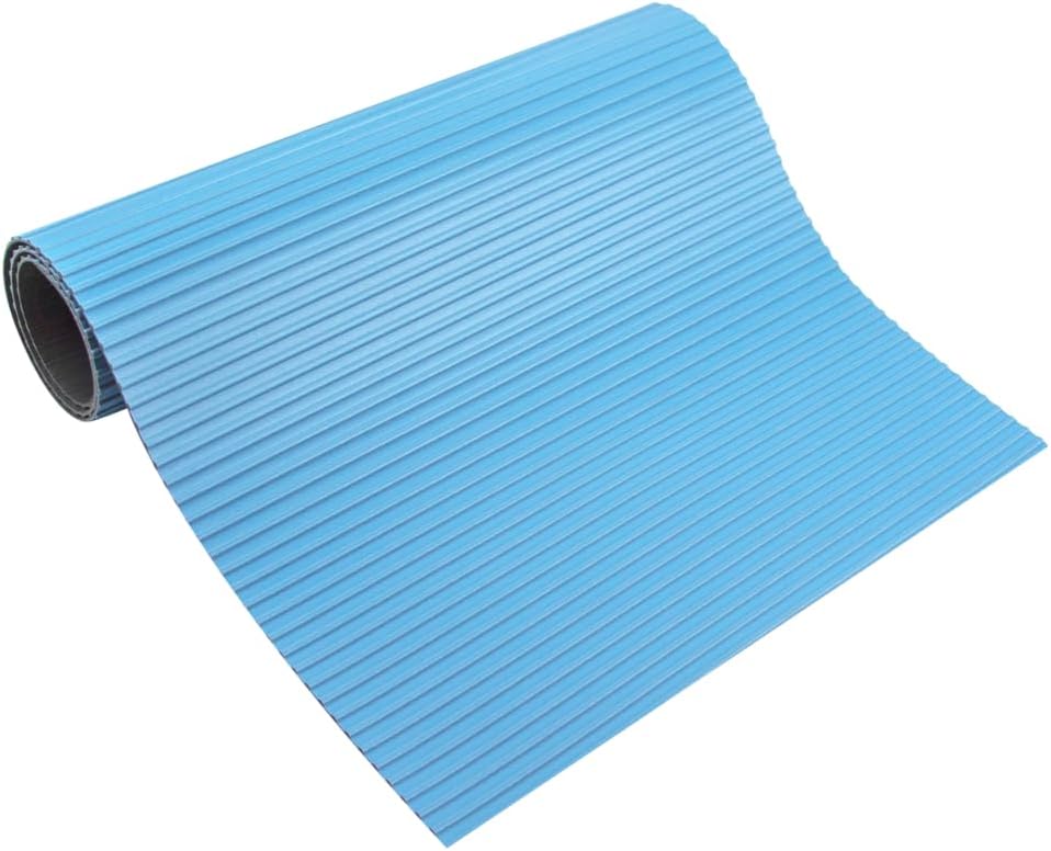 Swimline ladder mat rolled partially open showing blue ribbed surface and black underside rectangular shape