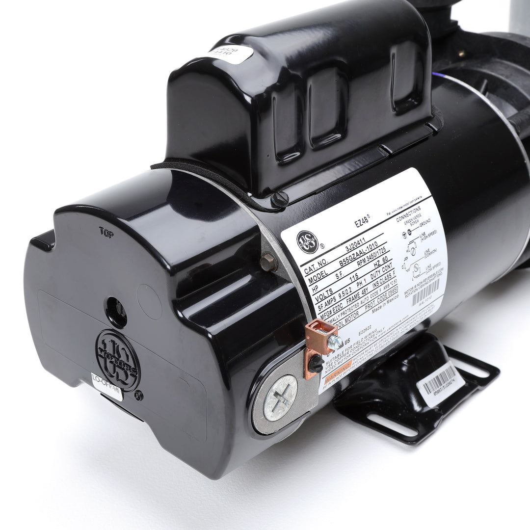 Waterway 2 HP Hi-Flo 2 dual-speed above ground pump in black with a rounded motor housing and attached mounting bracket