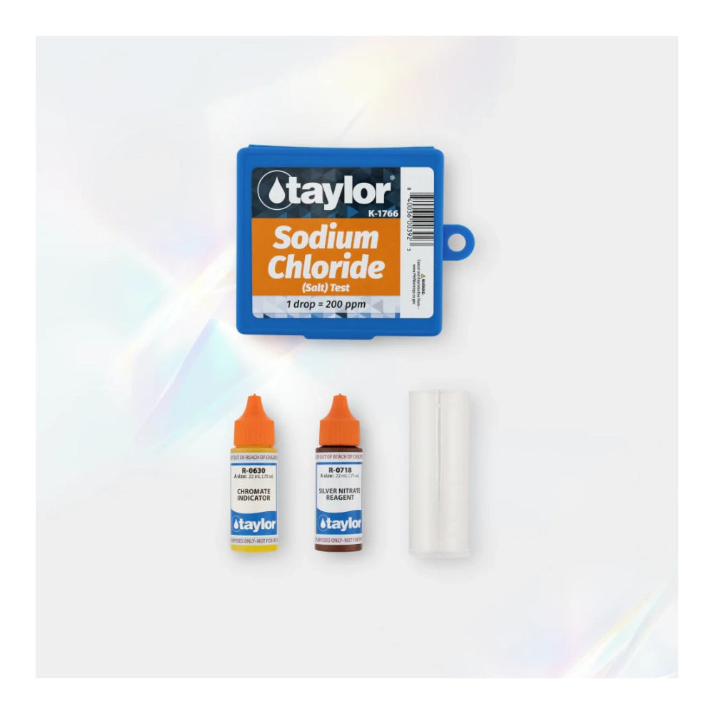 Blue plastic case labeled Taylor Sodium Chloride Salt Test with two small reagent bottles having orange caps and a white test vial