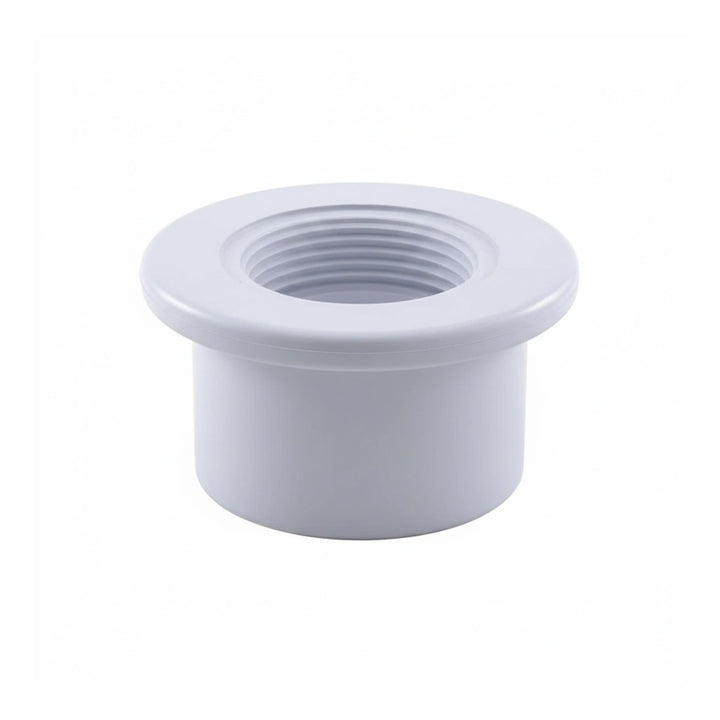 white cylindrical threaded return fitting with a wide flange around the top edge on a plain white background