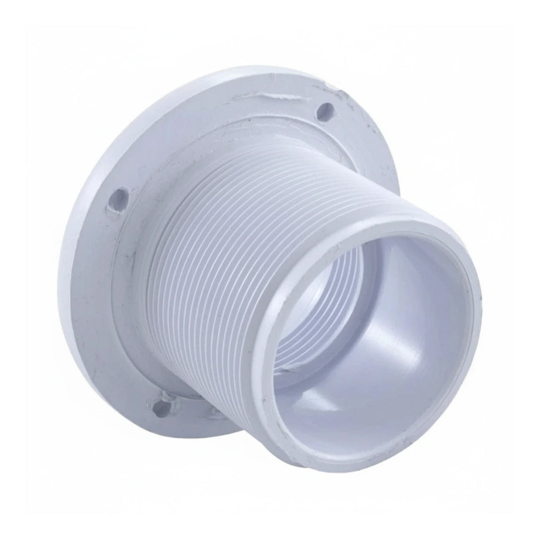 white plastic long body plumbing return fitting with threaded exterior and socket interior with flange for mounting