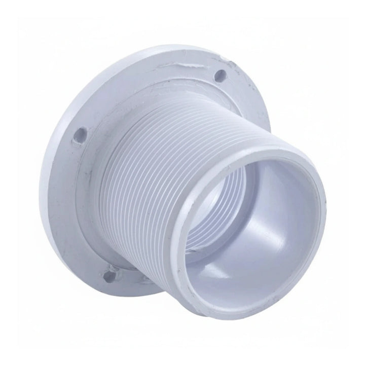 white plastic long body plumbing return fitting with threaded exterior and socket interior with flange for mounting