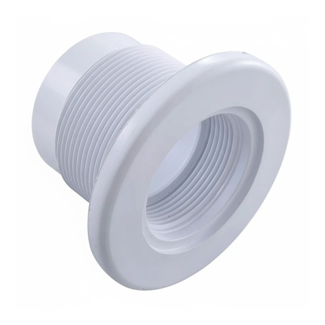 white long body return fitting with threaded exterior and socket interior for pipe connection