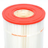 Pleatco PSR100 spa filter cartridge with white pleated filter media and bright red top edge showing Pleatco branding