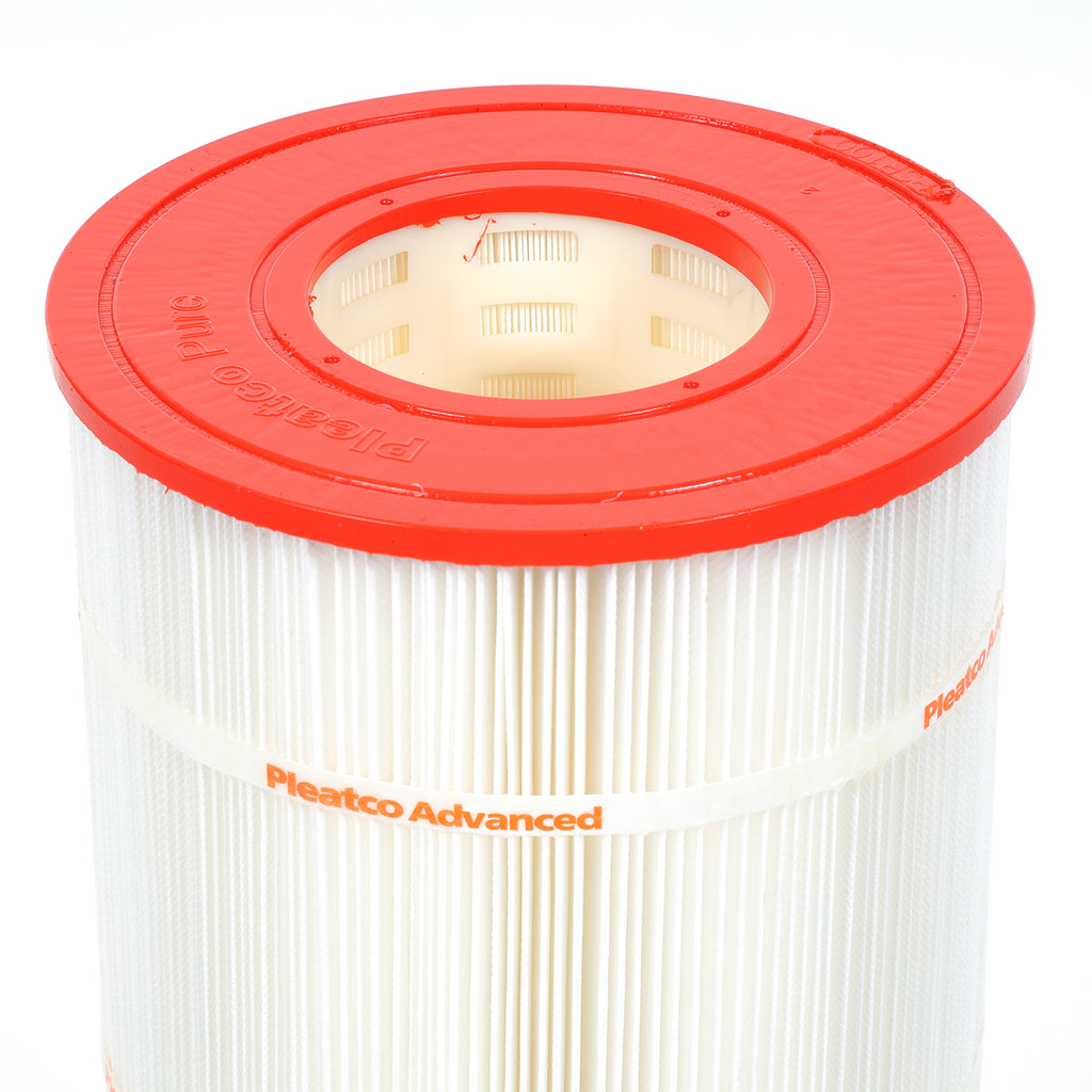 Pleatco PSR100 spa filter cartridge with white pleated filter media and bright red top edge showing Pleatco branding