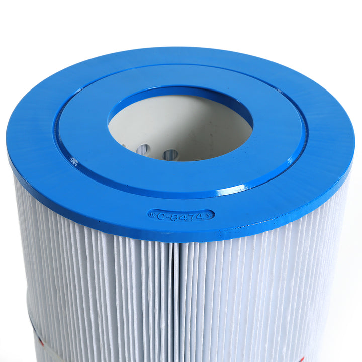 C-8474 Unicel spa filter cartridge with white pleated body and blue plastic top showing model number