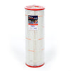 Pleatco PSR100 spa filter cartridge with white pleated surface and red plastic end caps wrapped in clear plastic