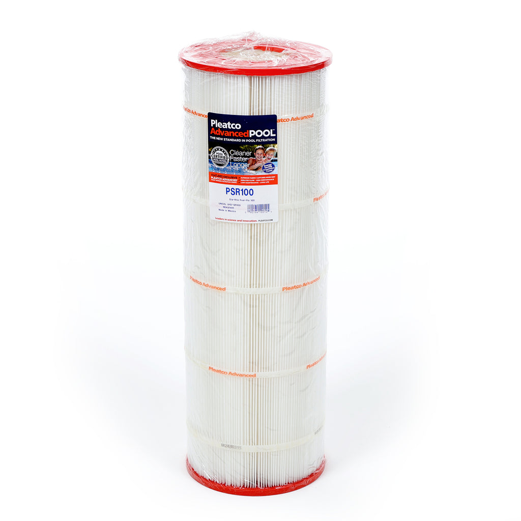 Pleatco PSR100 spa filter cartridge with white pleated surface and red plastic end caps wrapped in clear plastic