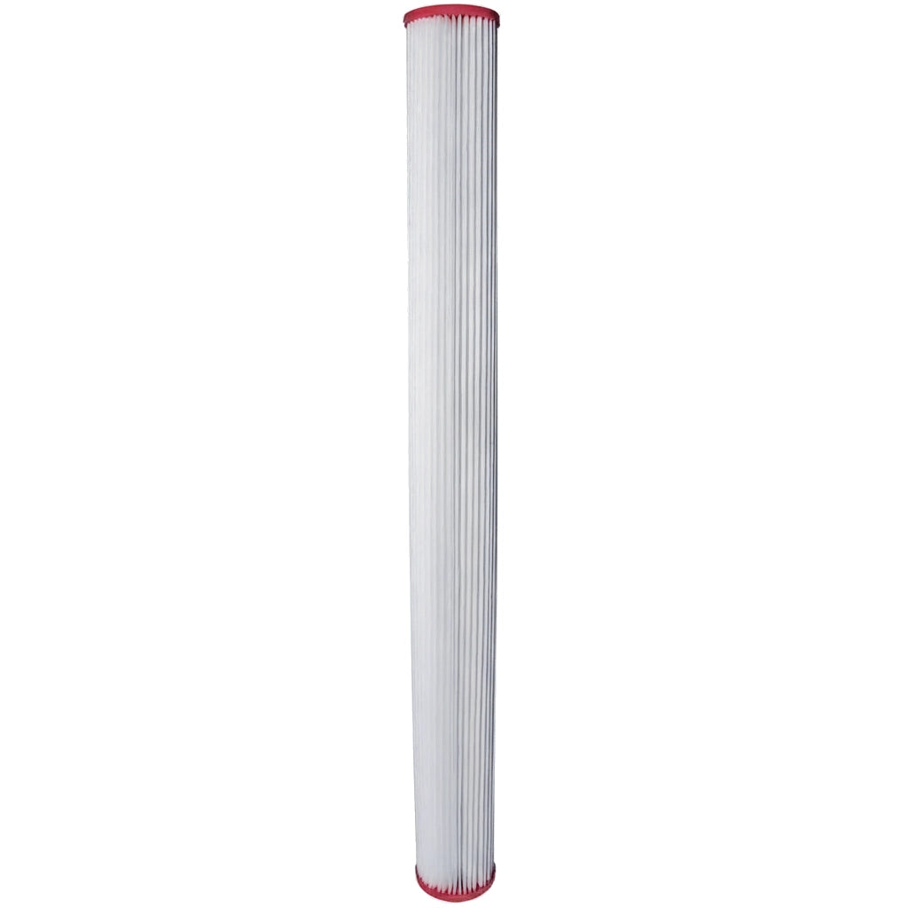 tall cylindrical pleated filter cartridge with red end caps on white background