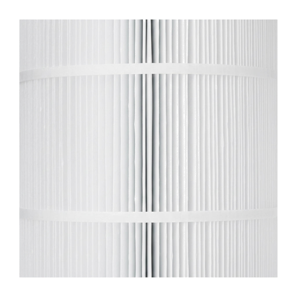 close-up of cylindrical white pleated filter cartridge showing fine vertical ridges and horizontal bands
