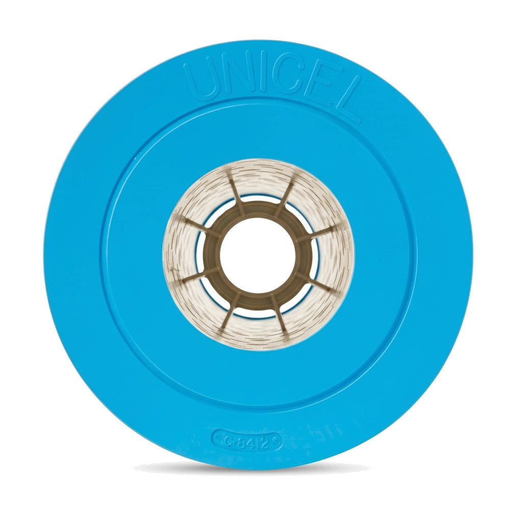 round pool filter cartridge with blue top and central circular core featuring beige pleated filter material