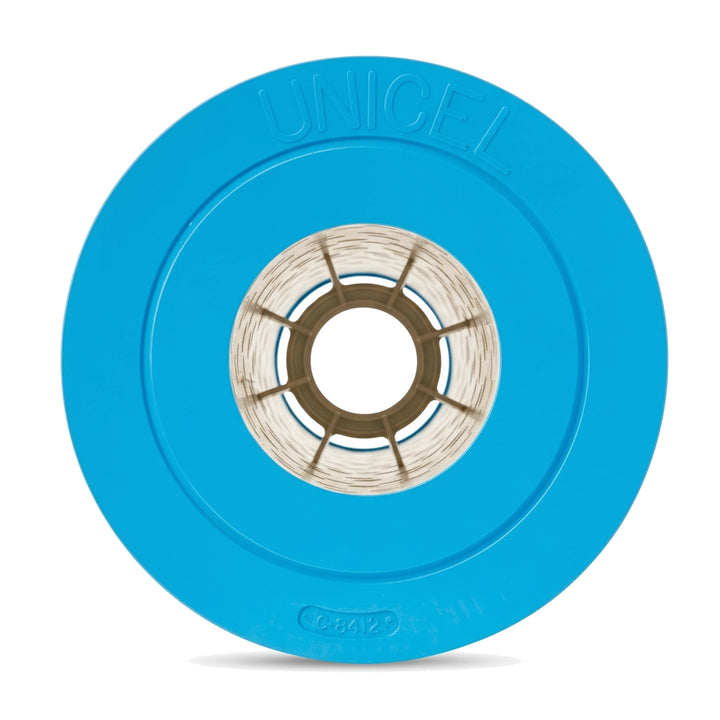 round pool filter cartridge with blue top and central circular core featuring beige pleated filter material