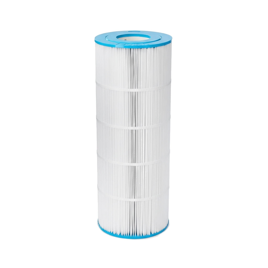 cylindrical pleated white filter cartridge with blue plastic end caps shown standing upright on a white background