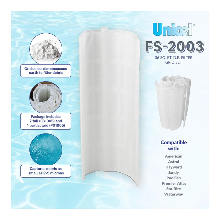 White curved filter grid and folded set on water background illustrating pool filter equipment with text about grid features and compatibility