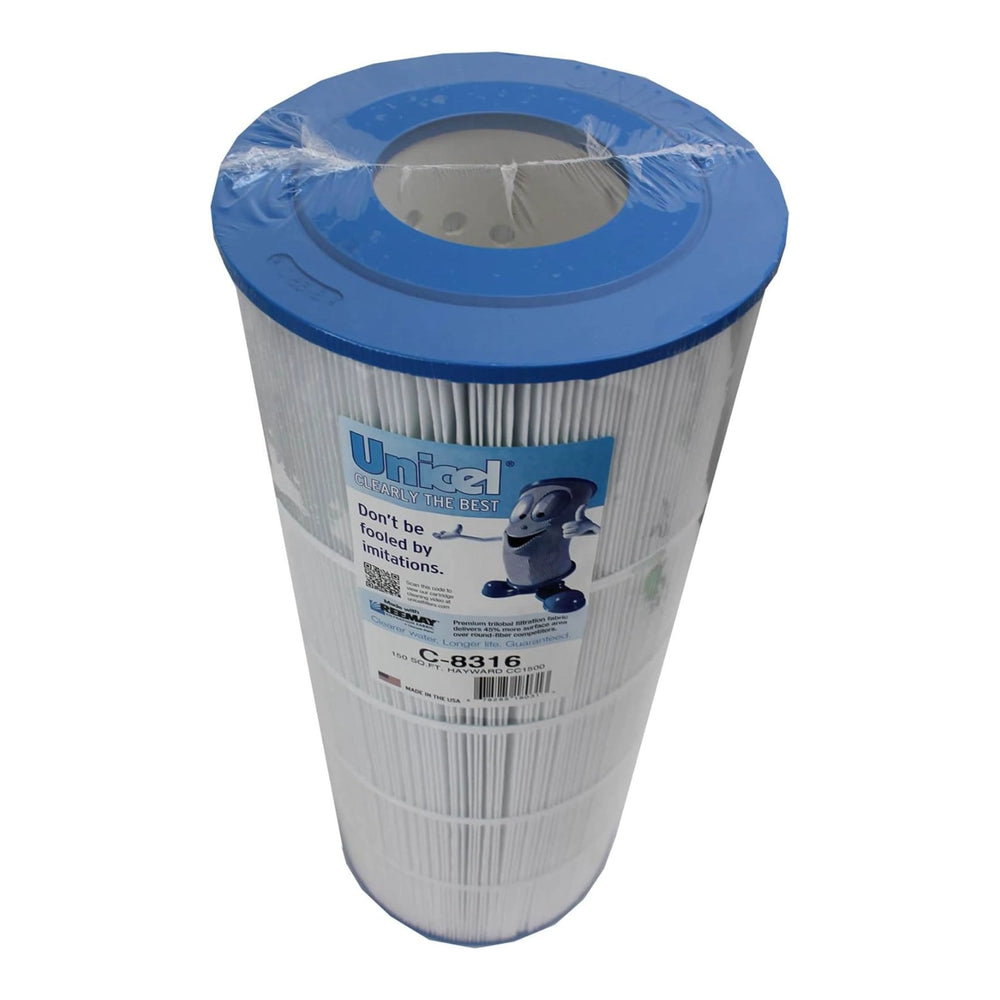 cylindrical pool filter cartridge with blue plastic end caps and white pleated filter material wrapped in plastic