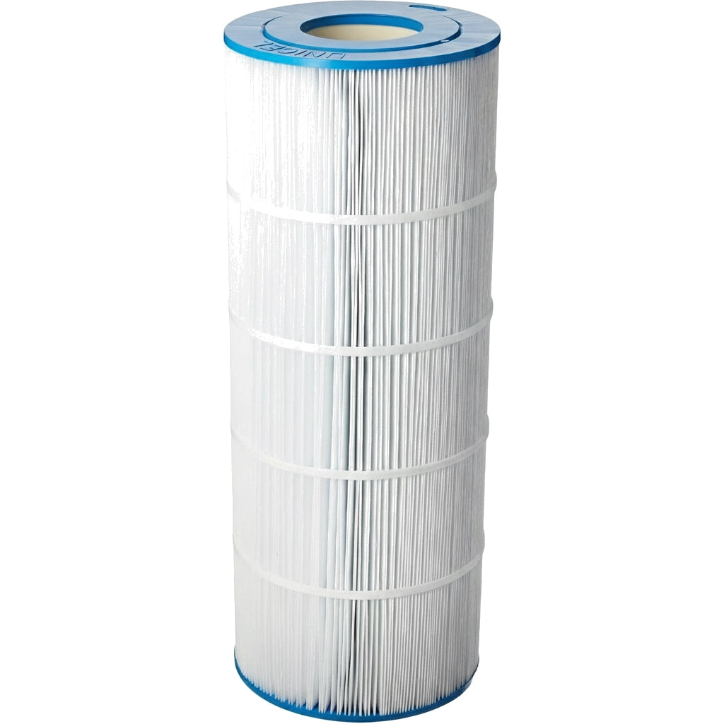 cylindrical pool filter cartridge with white pleated fabric and blue plastic end caps marked with brand name