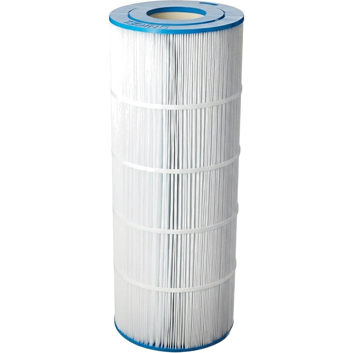cylindrical pool filter cartridge with white pleated fabric and blue plastic end caps marked with brand name