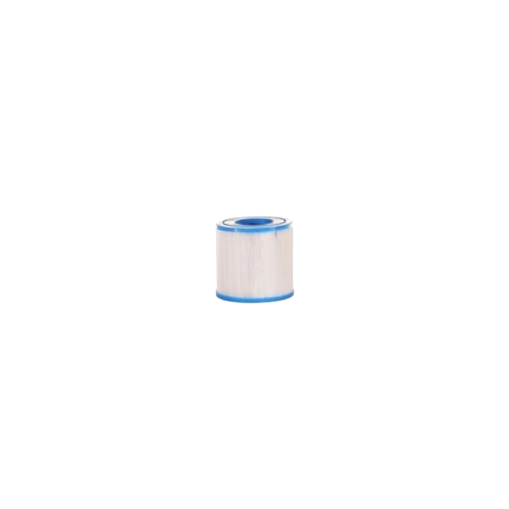 Small cylindrical replacement filter cartridge with white pleated material and blue plastic top and bottom edges