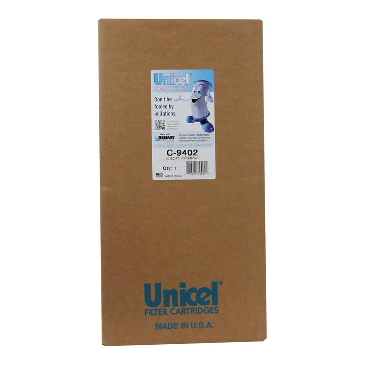 Tall rectangular brown cardboard box with blue Unicel logo and label showing a cartoon filter cartridge and product details