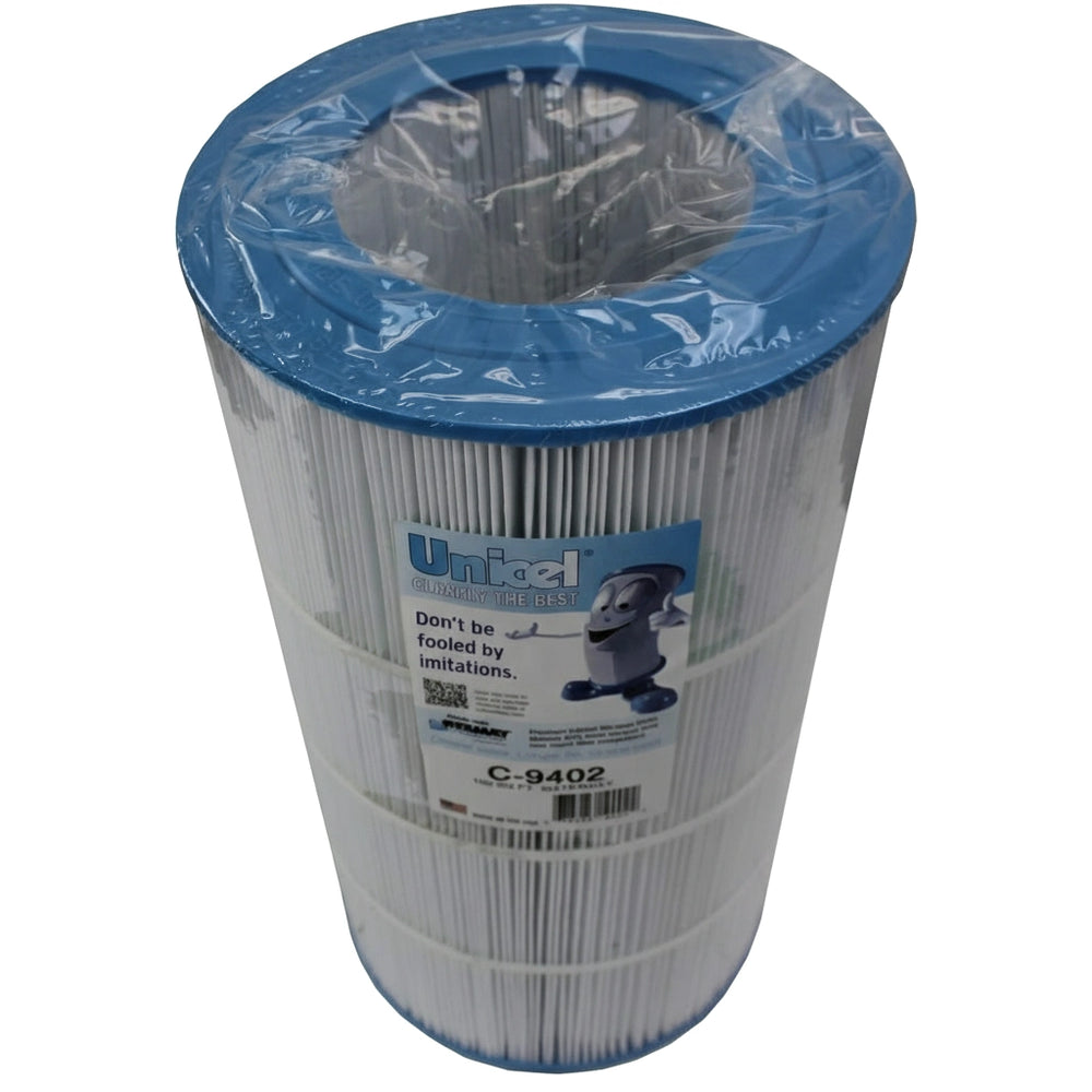 cylindrical white pleated replacement filter cartridge with blue top and bottom edges and a label featuring text and a small cartoon character