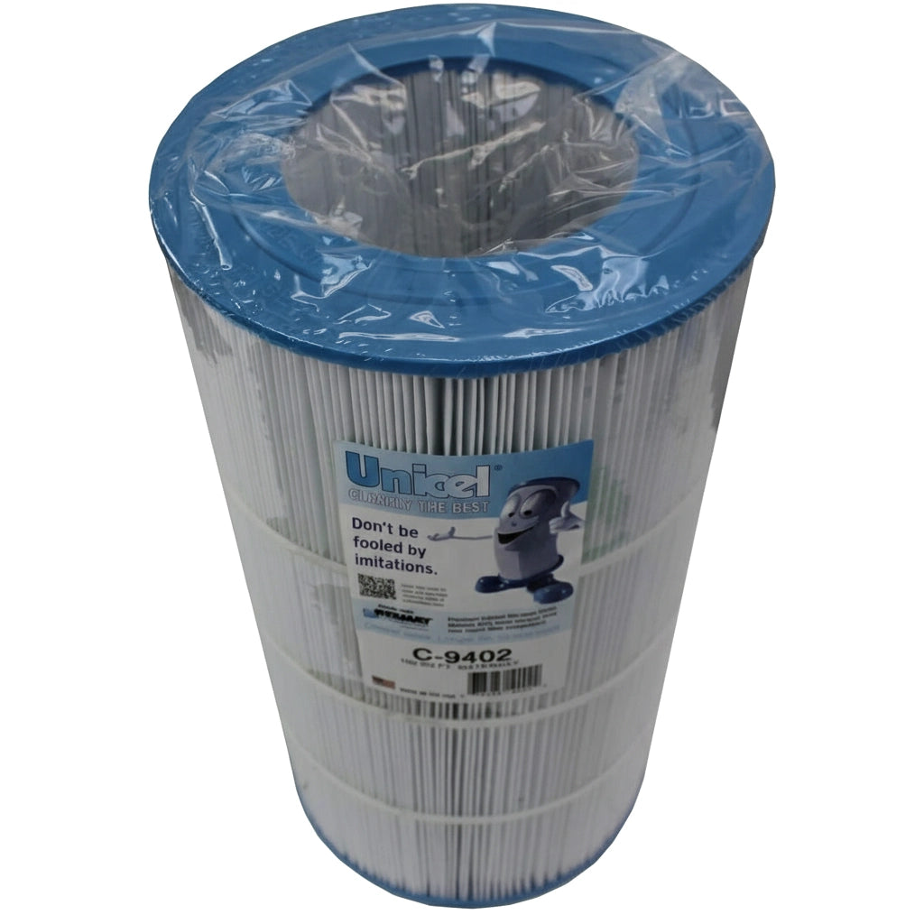 cylindrical white pleated replacement filter cartridge with blue top and bottom edges and a label featuring text and a small cartoon character