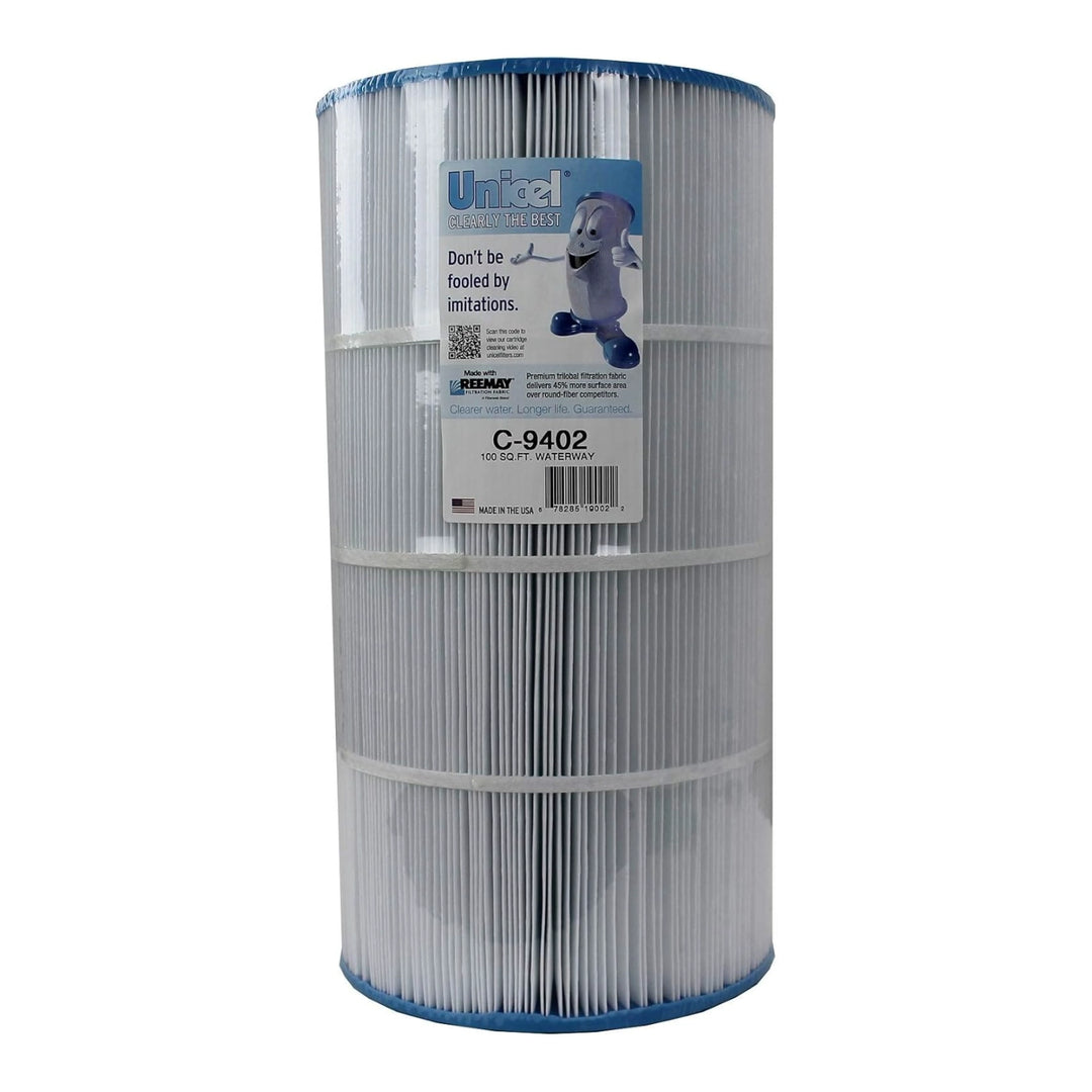 cylindrical pleated pool filter cartridge with blue end caps and a label featuring a blue character and product details