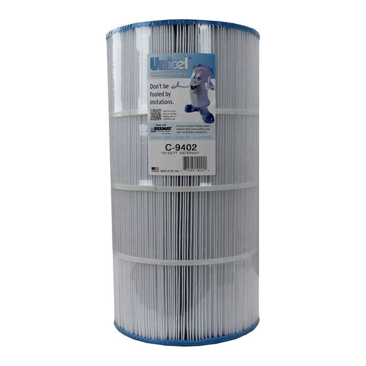 cylindrical pleated pool filter cartridge with blue end caps and a label featuring a blue character and product details