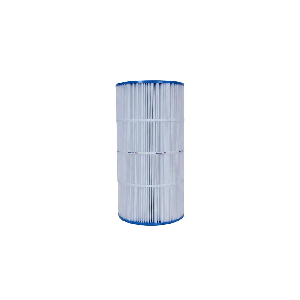 Tall cylindrical pool filter cartridge with white pleated material and blue end caps isolated on white background