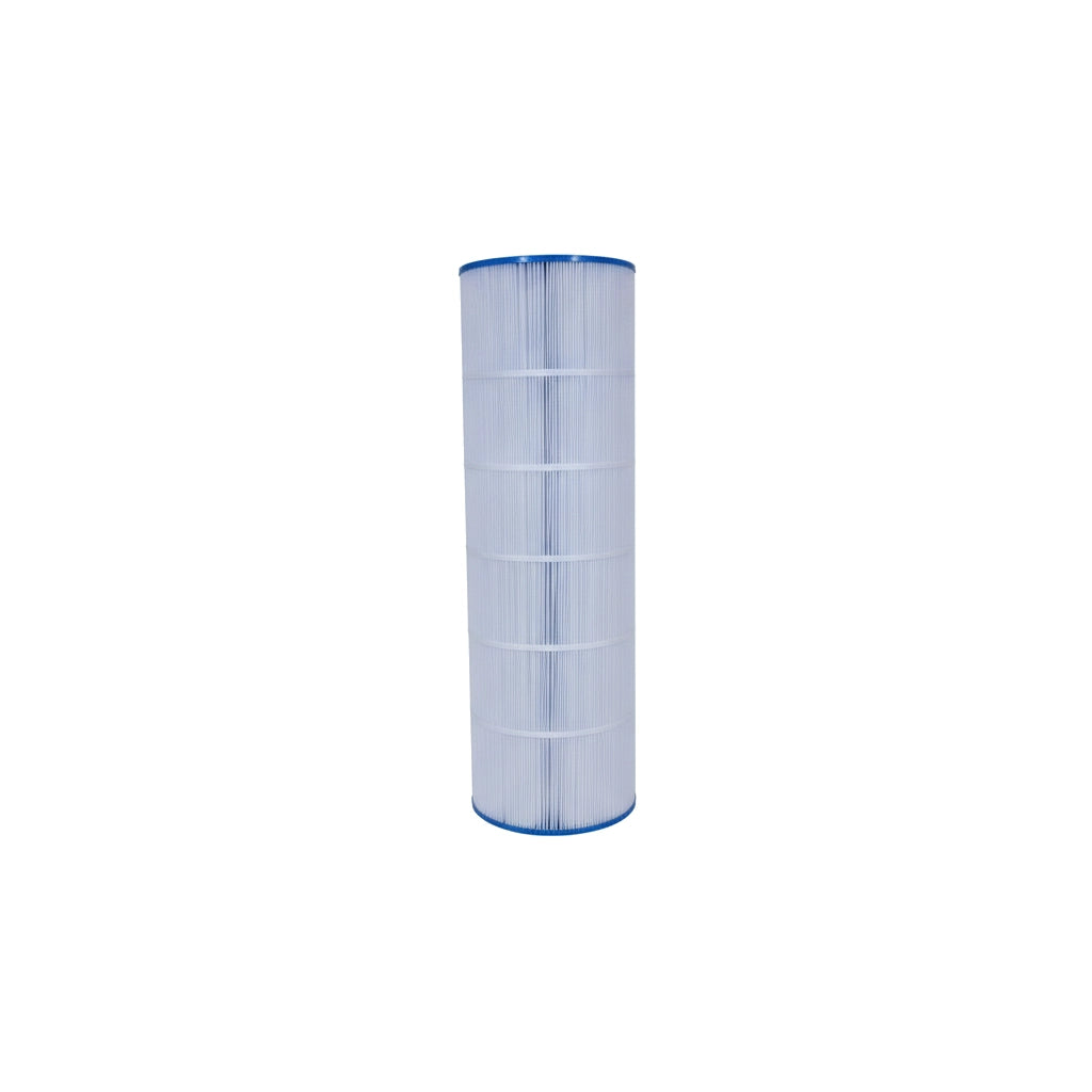 cylindrical pool filter cartridge with white pleated material and blue end caps isolated on white background