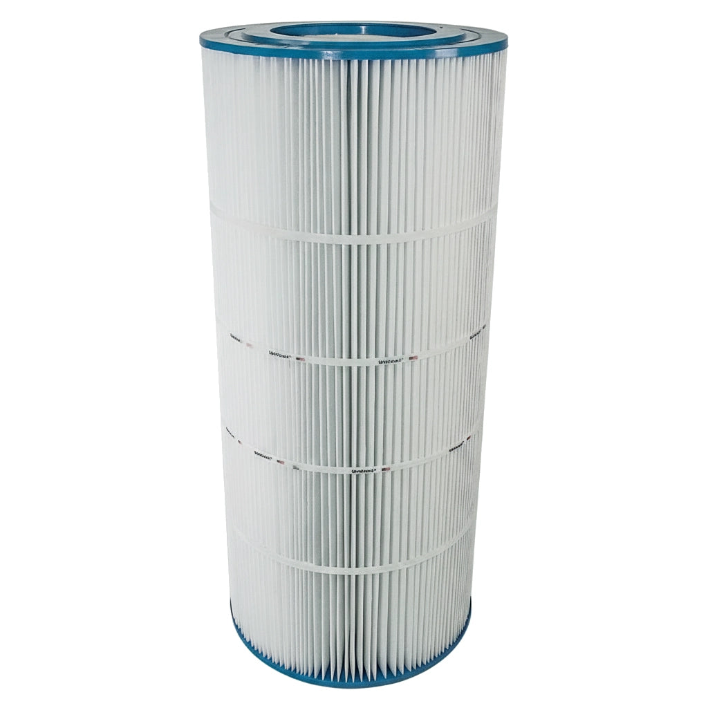 Tall cylindrical pleated white filter cartridge with blue rims on top and bottom against white background